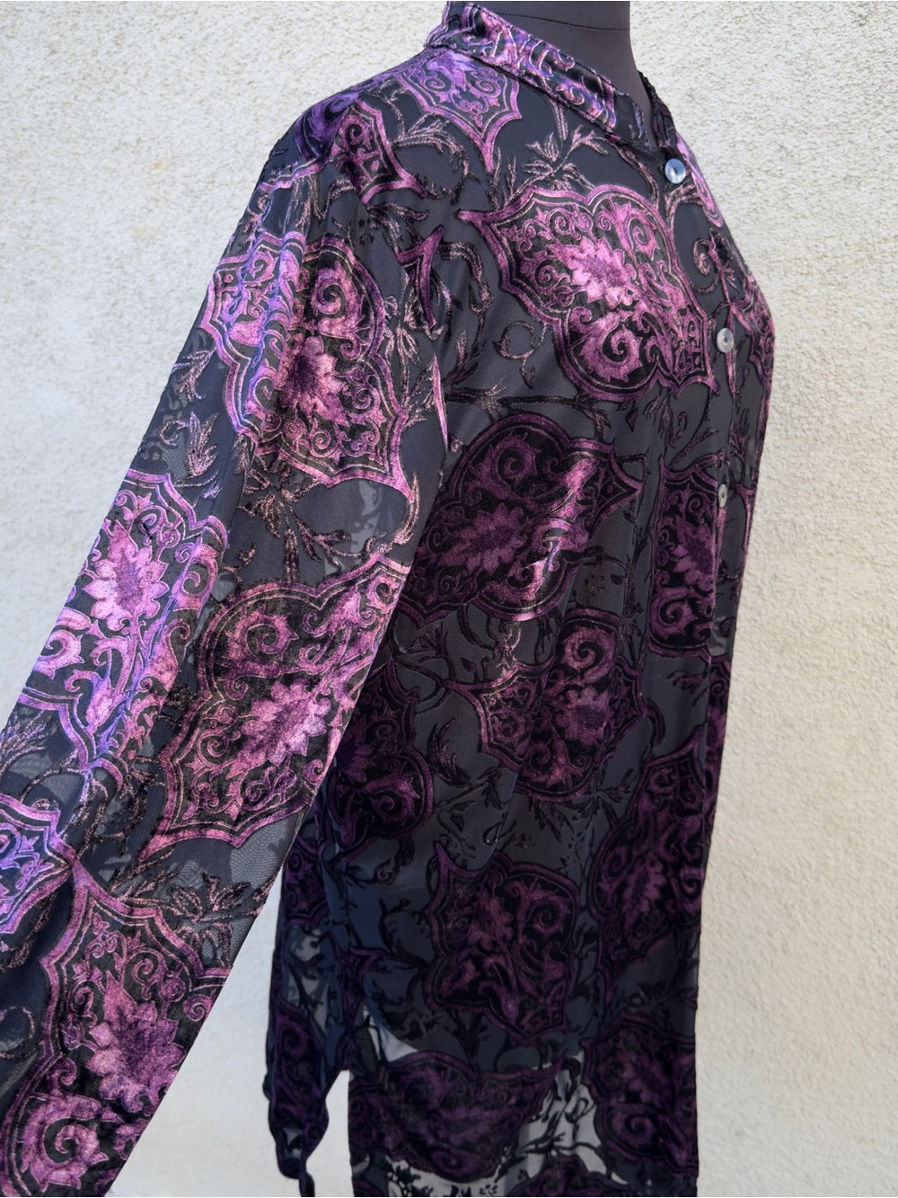 Sheer Paisley Button-Up Tunic in Black and Purple - Picture 3 of 8